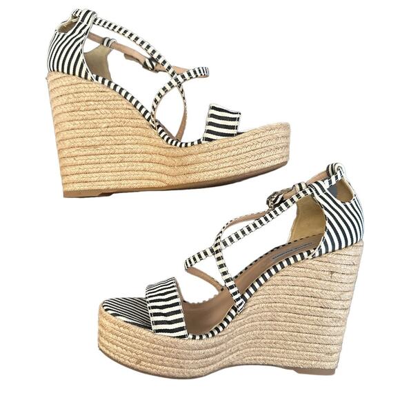 Tabitha Simmons Black and Beige Striped Espadrille Wedge Sandals Size 40 US 9 - Picture 7 of 11